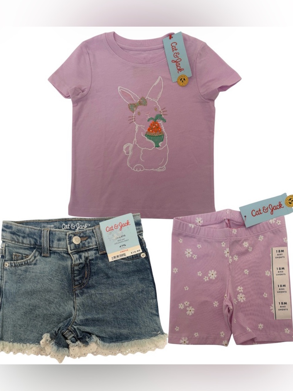 Cat & Jack Toddler Girl 3pc Outfit Set Bunny Tee Shorts 18M NWT
